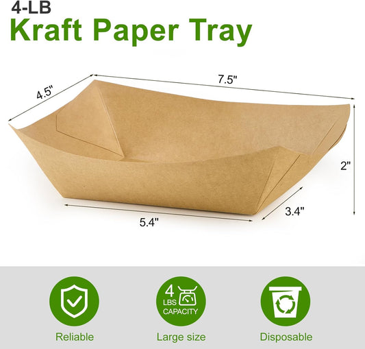 Ocmoiy 4lb Large Paper Food Trays, 100 Pack Heavy Duty Kraft Food Boats Holders Disposable Serving Basket Trays for Nachos, Burgers, Fries, Tacos, Hot Dog, Sandwiches