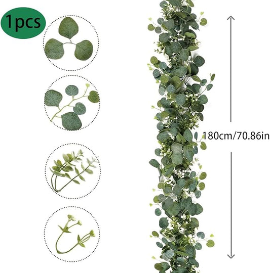 4Pcs Eucalyptus Garland, 5.9FT Greenery Garland, Green Garland with Flowers, Artificial Faux Silver Dollar Eucalyptus Leaves Vines for Table Home Wedding Mantle Party Indoor Outdoor Decor