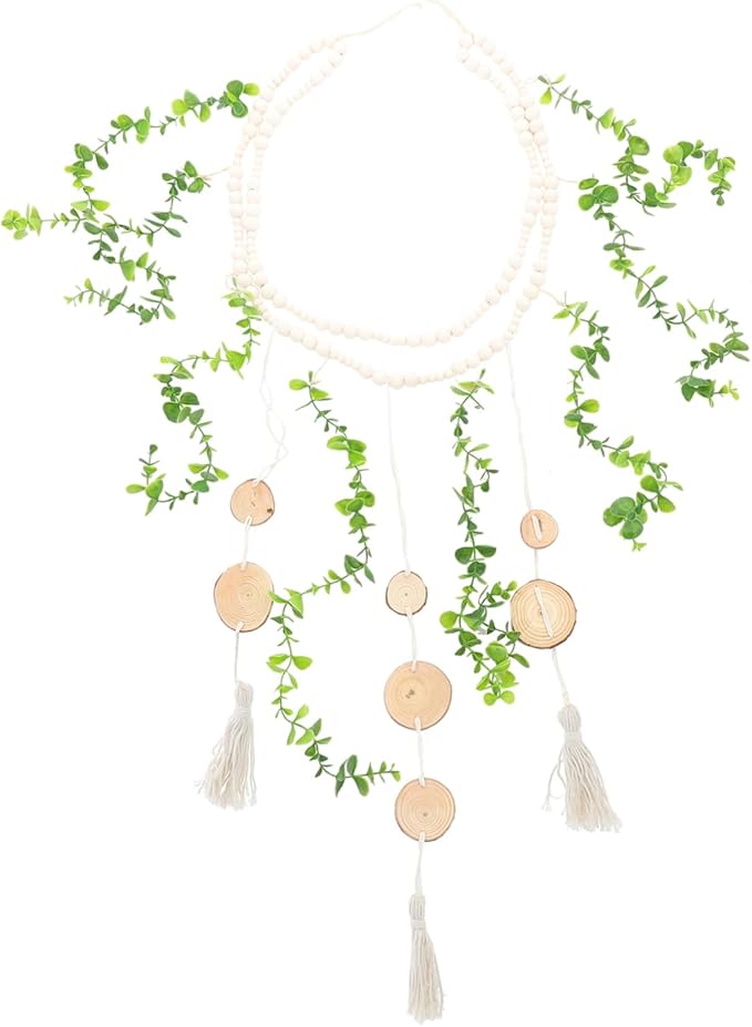 Boho Wooden Beads Garland for Photo Display Easy to Install Picture Holder Wall Decor for Bedroom and Living Room Rustic Macrame Hanging Decoration Natural Eucalyptus Leaves