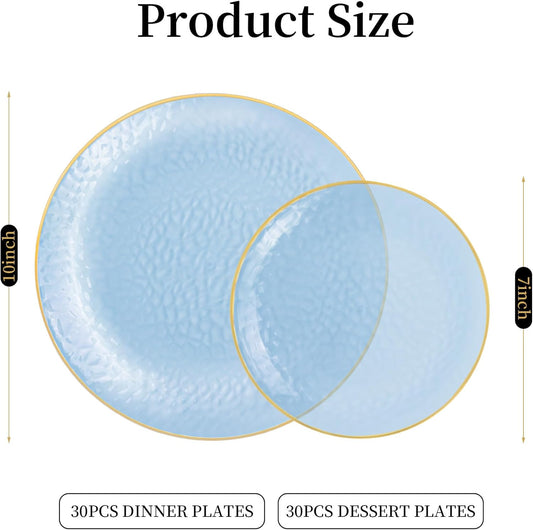 Lullaby 60Pcs Blue Gold Plastic Plates, Blue Disposable Plates With Gold Rim, Hammered Plastic Plates Include 30 Dessert Plate 10'', 30 Dinner Plate 7.5'' for Party, Birthdays and Wedding 