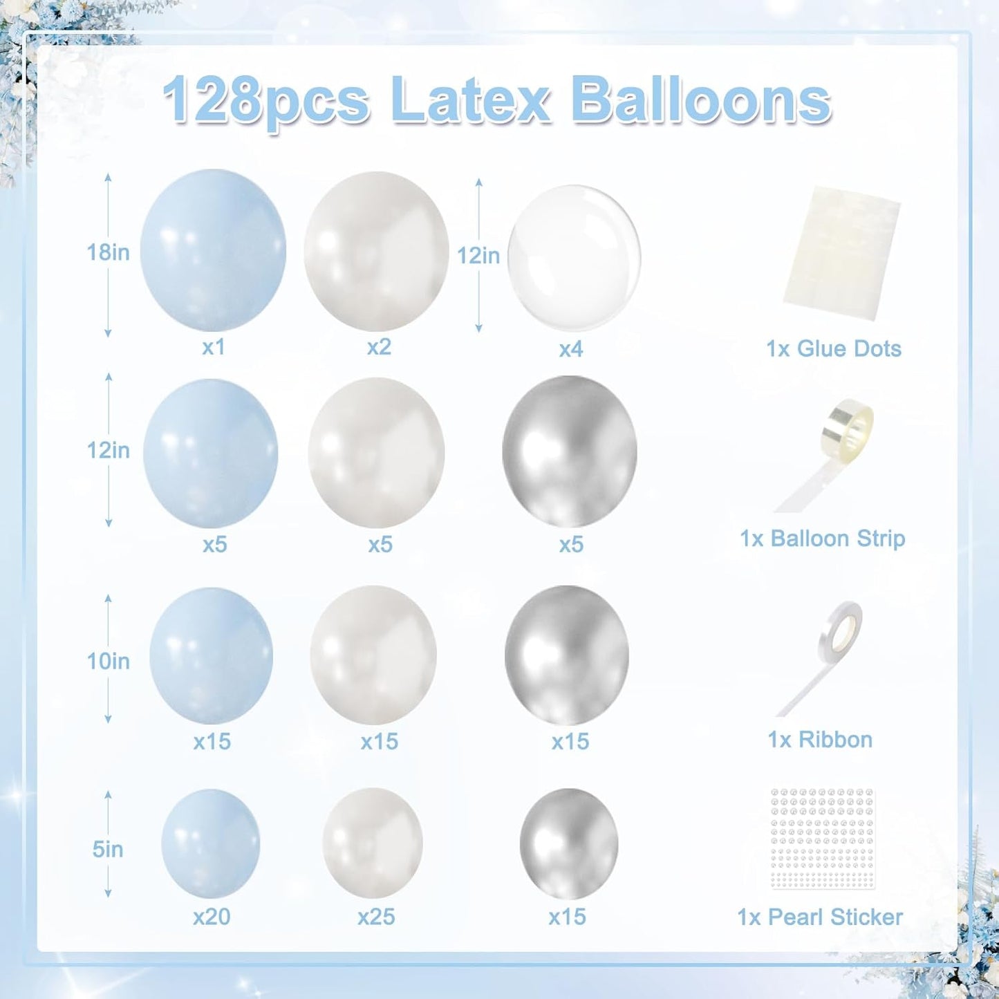 CROSSFINGERS Pearl Blue and White Balloon Garland Arch Kit, 128pcs Light Blue Silver White Balloons with Pearl Stickers for Birthday Wedding Baby Shower Bridal Shower Engagement Party Decorations