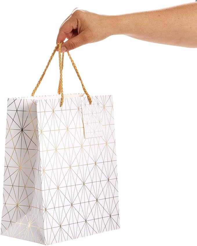 Sparkle and Bash Party Favor Bags - 8" x 10" x 4.5", Medium White & Gold, 16 Pack - Geometric Foil w/Rope Handles & Tags - Reusable Thank You Gift & Mini Gift Bags for Wedding, Bridal & Baby Showers