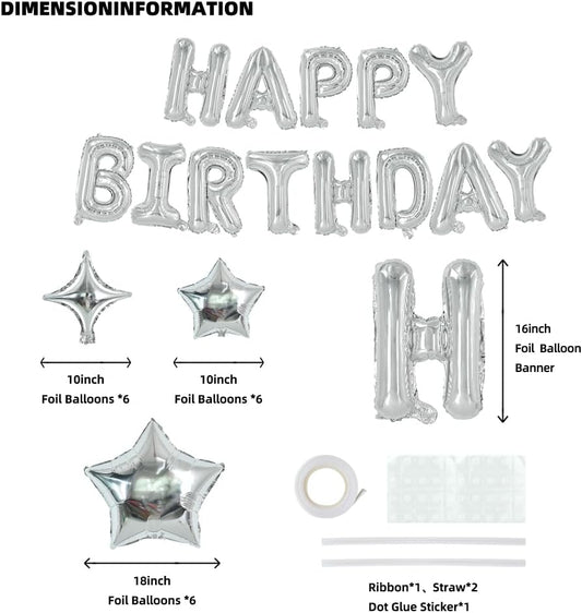 TONIFUL 35PCS Silver Happy Birthday Decorations 16 Inch Happy Birthday Balloon Banner with Star Balloons Mylar Foil Birthday Party Decorations Supplies for Men Women Adults Girls Boys Kids