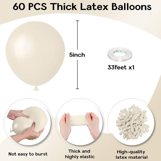 White Sand Balloons 5 Inch, 60 Pcs Small Beige Latex Cream 5'' Mini Matte Retro Off-White Neutral Helium for Birthday Wedding Baby Shower Party Decorations