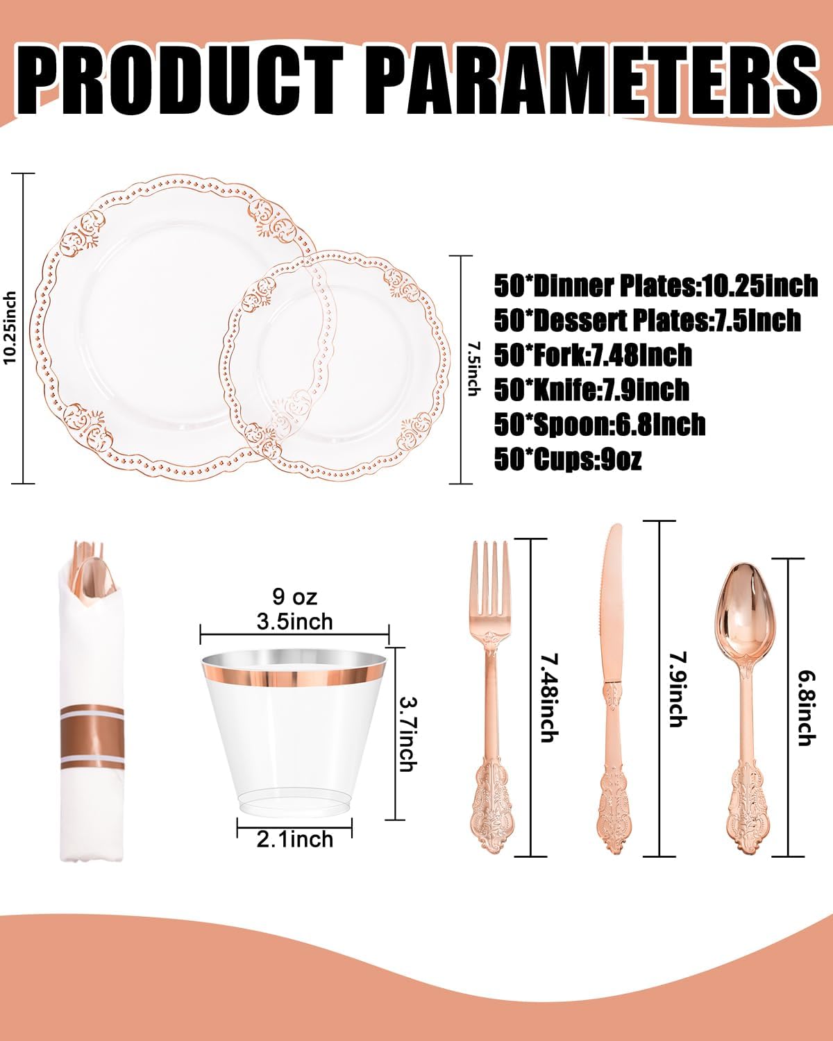 Ciaell 350 PCS Rose Gold Plastic Plates - Rose Gold Disposable Plates Dinnerware Include 50 Disposable Plate, 50 Heavy Duty Silverware, 50 Cups, 50 Napkins for Wedding & Party & Anniversary