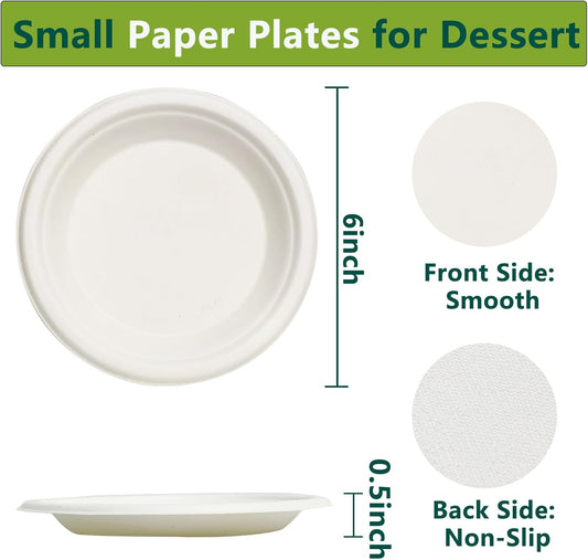 6 Inch Small Paper Plates, 200 Pack Disposable Compostable Dessert Plates Made from Sugarcane Fibers, Eco-Friendly, White