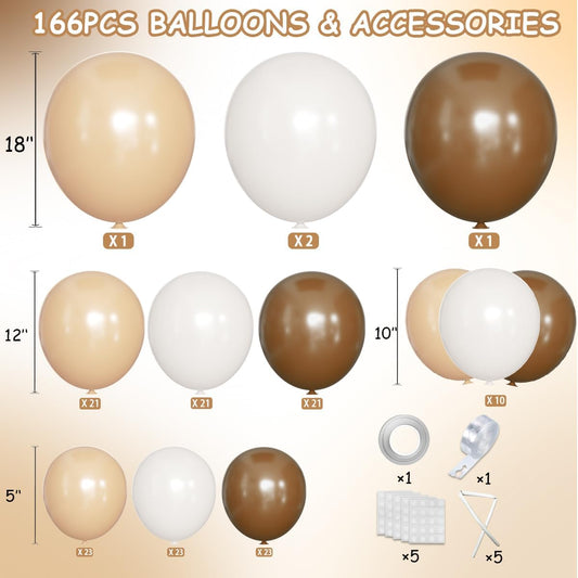 Boho Brown Balloon Garland Arch Kit, 166Pcs Coffee Brown Nude White Balloons for Neutral Bear Bridal Baby Shower Birthday Party Decorations