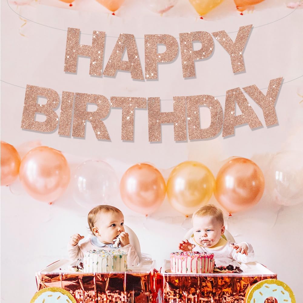BEISHIDA Rose Gold Happy Birthday Banner - Pre-Strung,No DIY,Party Decorations - Happy Birthday Sign - Bday Banner for Women, Kids for Birthday Decor, Backdrop