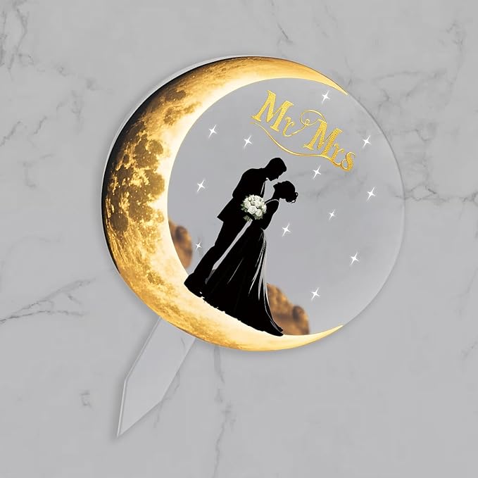 Fuovt Wedding Cake Toppers,Moon-Shaped Acrylic Bride and Groom Cake Topper,Mr & Mrs Wedding Toppers for Cake