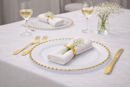 PLASTICPRO White with Gold Rim Plastic Charger Plates with Beaded Edge – Pack of 8 – 13" Elegant Round Disposable Chargers for Weddings, Events, Parties, and Dinners