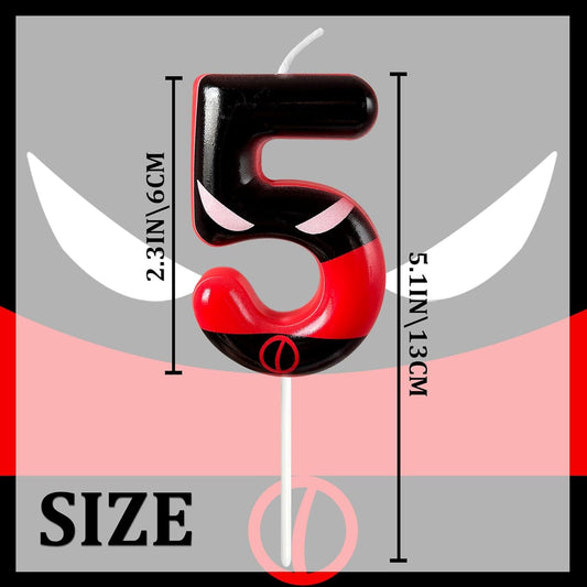 Black Red Mask Number 5 Birthday Candles - Comic Themed Cake Topper for Birthday Decorations Supplies, 5 Candle Party Favors (Number 5)