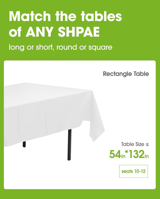 Pureegg Plastic Table Cloth Disposable 10 Pack, 54 x 132 Inch Table Cloths, Party, Picnic, Wedding, Decorative Tablecloths, Rectangle, White Plastic Cover, Leakproof & Sturdy, White