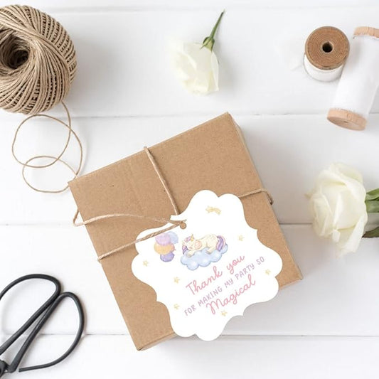 Andaz Press Fancy Frame Kids Party Favor Thank You Tags with String, 48-Pack Unicorn Birthday Gift Tags for Gift Bags, Favor Bags, Goody Bags, Girls Unicorn Birthday, 1st Birthday Party Favors