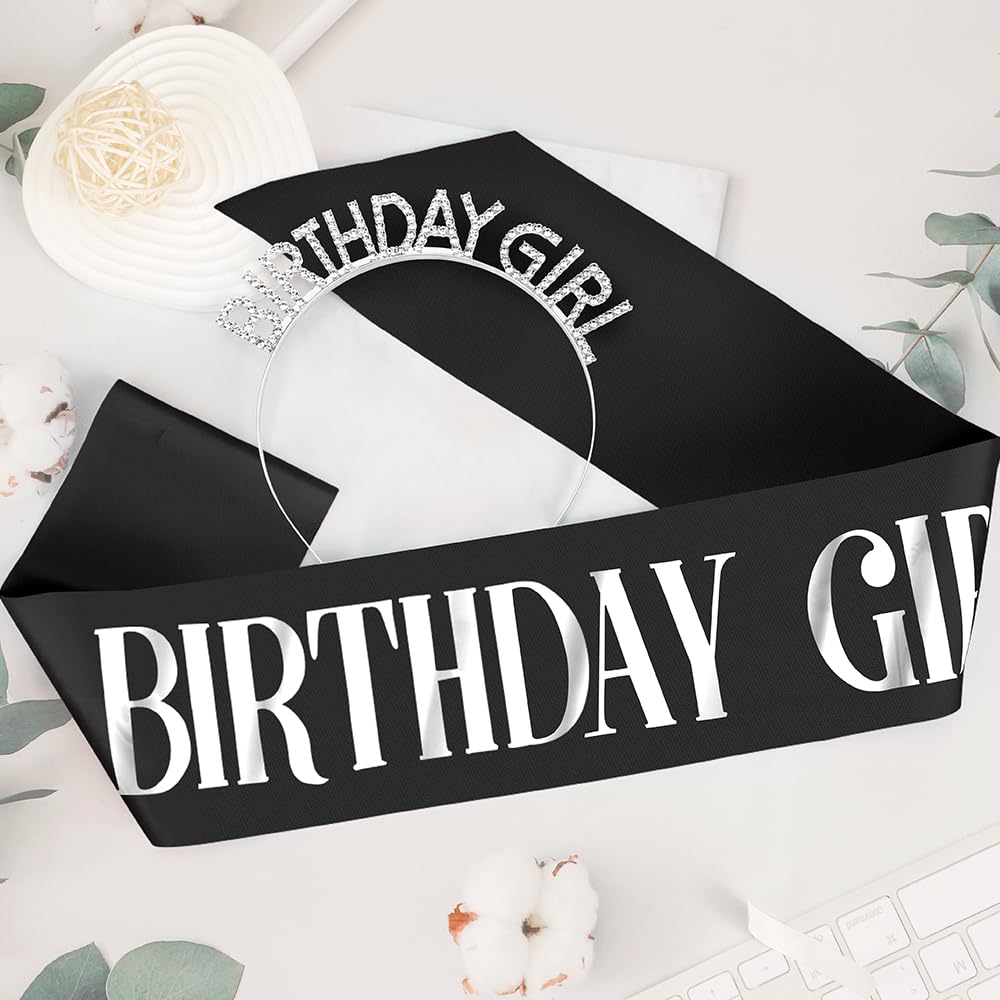 Birthday Sash Birthday Crown for Women, Birthday Girl Sash, Birthday Girl Crown, Black Birthday Sash and Crown Rhinestone Headband Set, Happy Birthday Girl Princess Tiara Sash Accessories Gifts
