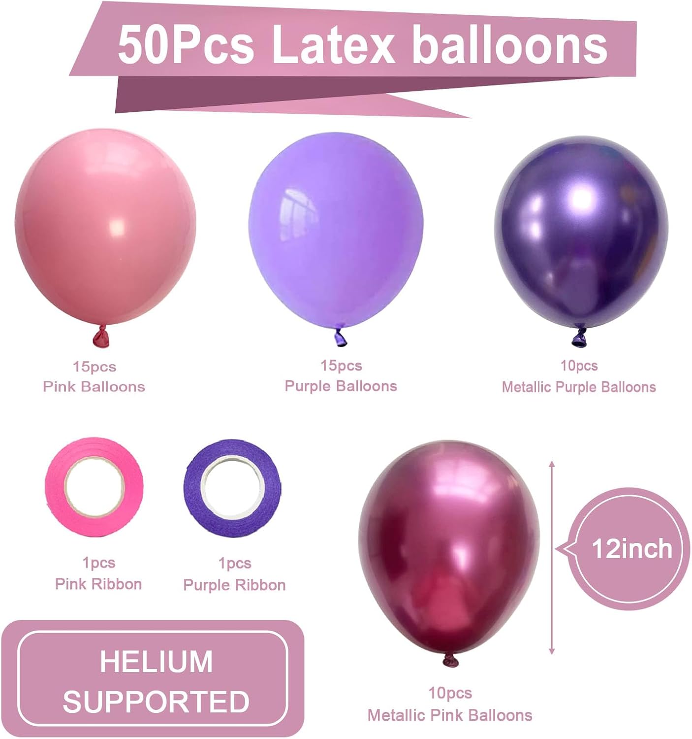 Pink and Purple Party Balloons, 50Pcs 12 Inch Purple Pink Balloons, Metallic Pink Purple Latex Balloons Birthday Party Balloons for Birthday Wedding Bridal Shower Party Decorations