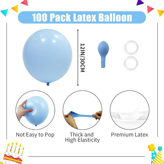 Baby Blue Balloons - 12 inch 100pcs Latex - Round Pastel Blue Birthday Balloons with 2 Ribbons for Baby Shower, Gender Reveal, Birthday Party Decorations