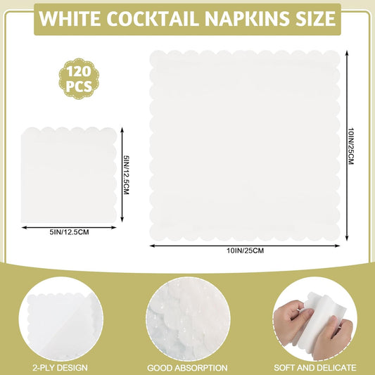 120 Pcs Cocktail Napkins Scalloped White Wedding Napkins Disposable Dessert Beverage Napkins for Wedding, Bridal Shower,Coffee Bar Dinner, 5 x 5 Inch