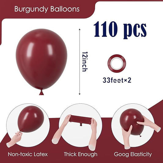 110pcs Burgundy Balloons 12inch Maroon Latex Party Balloons for Graduation, Thanksgiving Day, Autumn Fall Theme Party, Wedding, Birthday, Valentines, Baby Shower Decorations