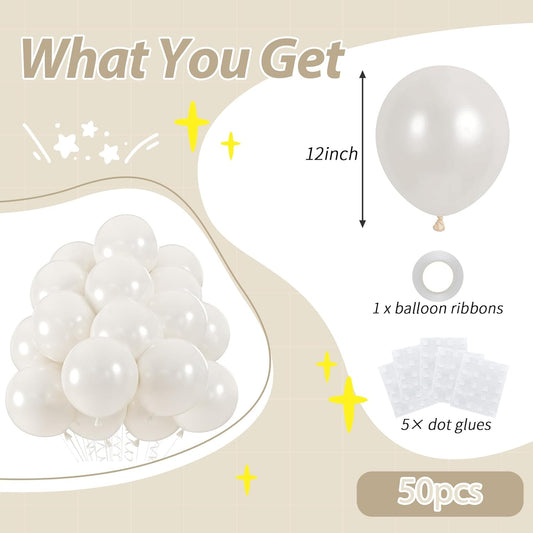 50pcs Pearl White Balloons, Helium 12inch Pearl White Party Balloon for Bridal Baby Shower Engagement Wedding Birthday Valentine’s Party Decorations (With Ribbon & Glues)