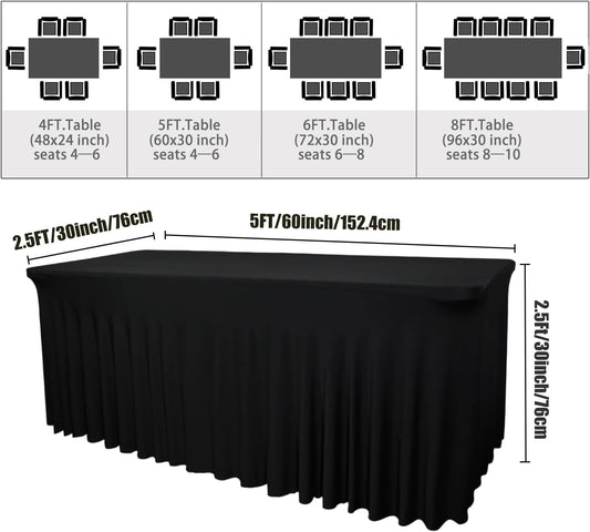 2 Pack Table Skirt for 5 Foot Rectangle Tables - 60" L x 28" W x 30" H Black Stretch Spandex Fitted Tablecloth | Machine Washable & Wrinkle Resistant | for Banquet, Birthday, Party Decor