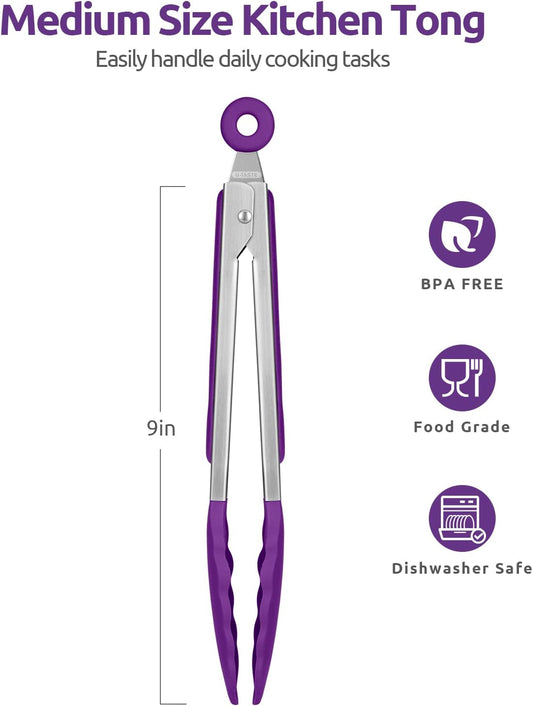 600ºF Heat Resistant Kitchen Tongs: U-Taste 9 inch Silicone Cooking Tong with Firm Sealed Non Stick Rubber Tips & Silicon Coated 18/8 Stainless Steel Handle & Smooth Locking for Serving Grill (Purple)