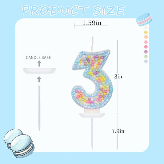 Birthday Candles - Number 3 Candle, Colorful Macaron Candles for Boys/Girls, Blue Cake Decorations, Theme Party Supplies