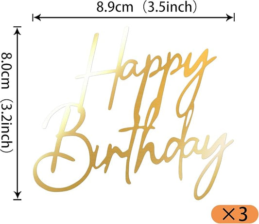 Rsstarxi 3 Pack Artistic Fonts Happy Birthday Cake Topper Gold Acrylic Birthday Sign Cake Pick for Men Women Boys Girls Birthday Party Cake Decorations Supplies Gold