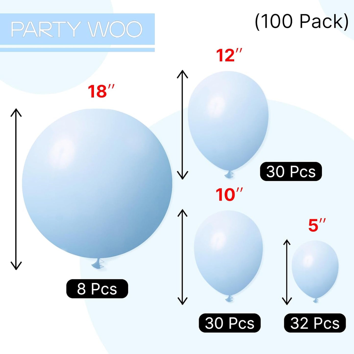 PartyWoo Baby Blue Balloons 100 pcs Different Sizes of 18 12 10 5 Inch Light Pastel Sky Aqua Blue Balloon Arch Kit Garland for Graduation Baby Shower Gender Reveal Party Decorations Blue-Q13
