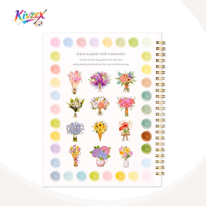Kivzex Watercolor Workbook for Adults, Beginner Friendly Watercolor Painting Kit Bouquet Water Coloring Book, Nature-Themed Practice Art Gift Water Color Paint Book with Palette and Brush