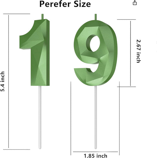 Number Birthday Candles(19 Candle Green) 3D Diamond Shape Number Happy Birthday Cake Candles for Birthday Party Wedding Decoration Reunions Theme Party