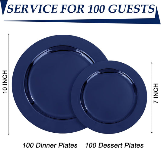 FLOWERCAT 200PCS Navy Blue Plastic Plates Disposable Plates for Party - Heavy Duty Plastic Plates - 10" &7" Plate for 100 Guests Halloween Parties and Events