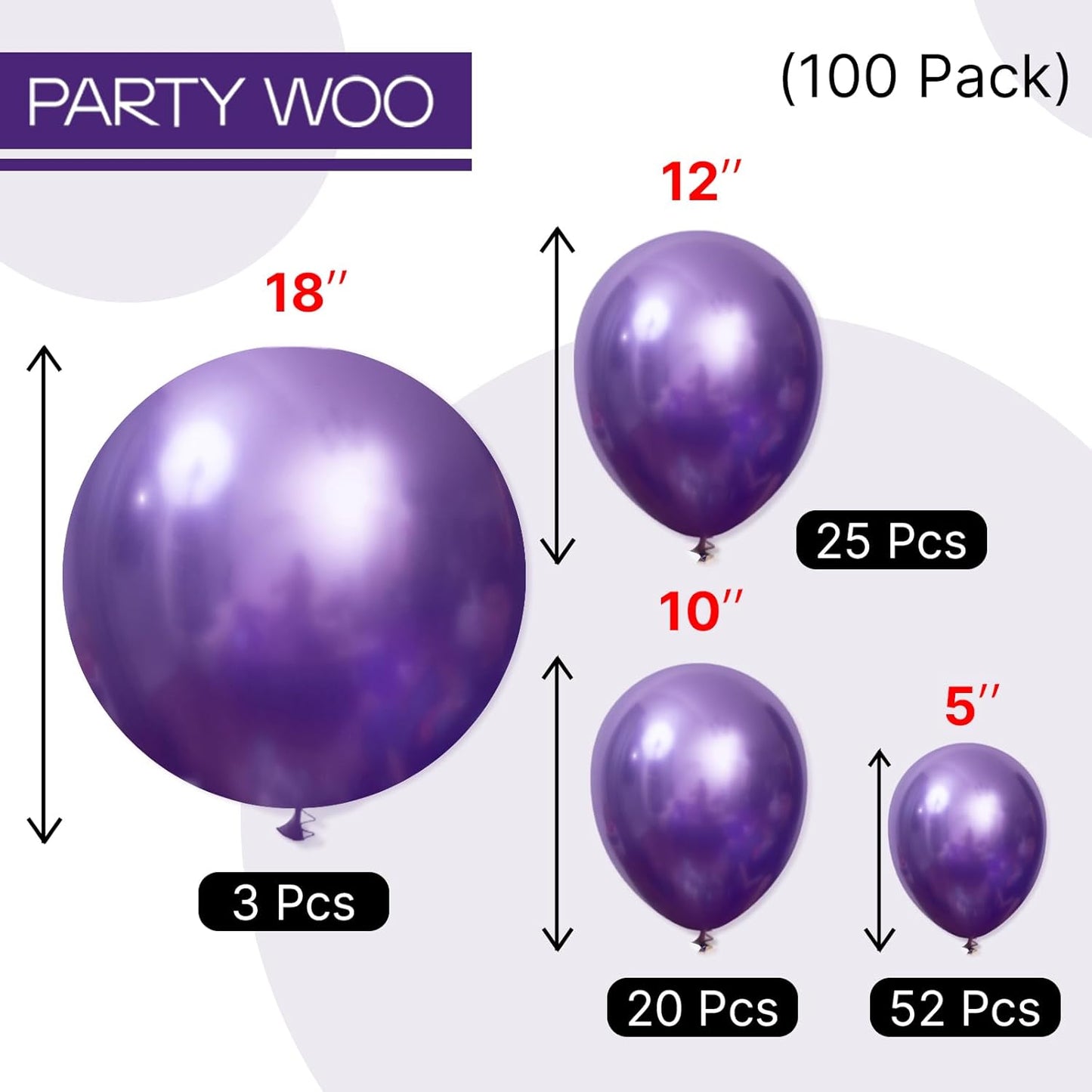 PartyWoo Metallic Purple Balloons 100pcs Different Sizes of 18 12 10 5 Inch Chrome Purple Balloon Arch Kit Garland for Graduation Wedding Baby Shower Princess Birthday Party Decorations Purple-G105