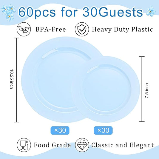 FLOWERCAT 60PCS Light Blue Heavy Duty Plastic Disposable Party Plates Set – 30pcs 10.25″ Dinner & 30pcs 7.5″ Dessert Plates – Durable Blue Tableware for Easter Parties, Wedding, BBQ & Baby Shower