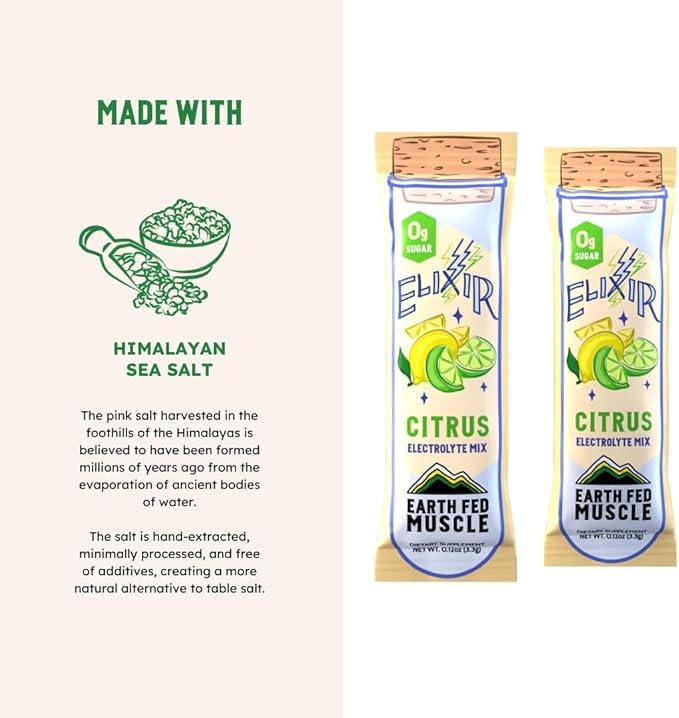 Earth Fed Muscle Elixir Citrus Electrolytes Powder Packets – Sugar-Free Electrolytes, Gluten Free, Zero Calorie Hydration Drink Mix with Himalayan Salt, 3X Electrolytes - 30 Sticks