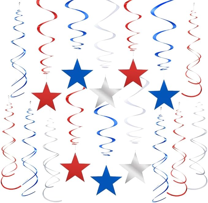 MOWO Silver Blue and Red Star Swirl Hanging Decoration for 4th July Independence Day Graduation Retirement Patriotic Theme Party Supplies,Pack of 21