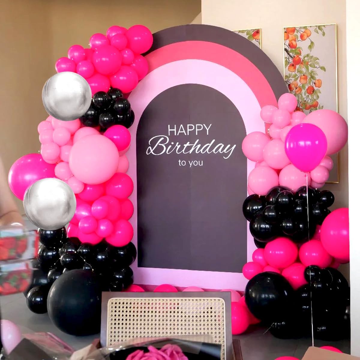 Black Red Pink Silver Balloon Garland Arch Kit, 160Pcs Hot Pink Matte Black Blush Pink Metallic Silver Balloons for Birthday Baby Shower Wedding Bridal Shower Party Decorations