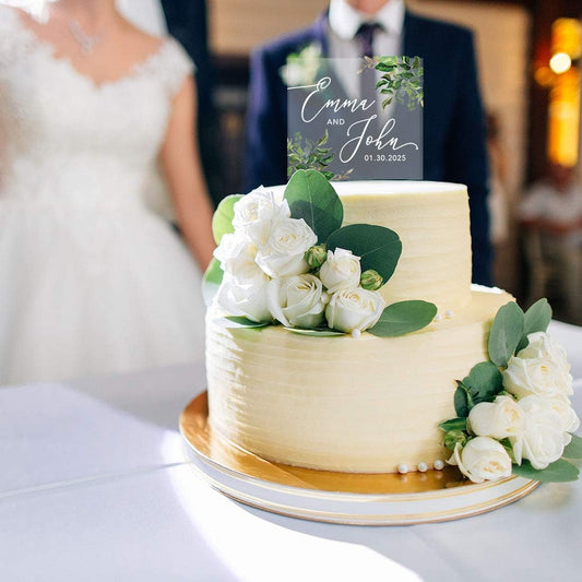 Andaz Press Greenery Eucalyptus Custom Wedding Cake Topper, Acrylic Square Personalized Couple Cake Topper