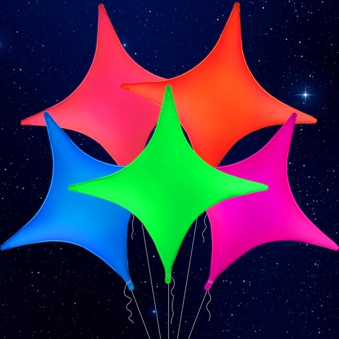 Mega-L Glow in the Dark Party Supplies, 5 Pcs Neon Star Balloons Set – Fluorescent Red, Lemon Yellow, Fuchsia, Blue and Orange Balloons Perfect for Birthday, Wedding, Anniversary, Graduation Party