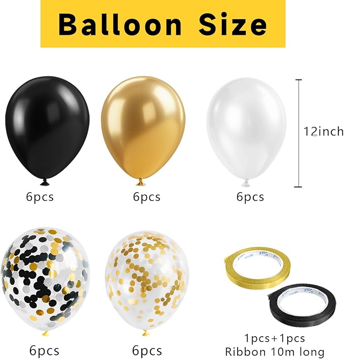 Black Gold Confetti Balloons, 12 Inch Black and Gold Balloons with Ribbons Party Decorations for Graduation Birthday Wedding Prom Engagement New Years Bridal Shower Bachelorette Cocktail Party