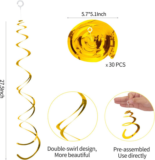 30 Pieces Gold Hanging Swirl Decorations Plastic Streamer Party Swirl Spiral Decorations for Ceiling, Wedding Baby Shower Birthday Party Supply