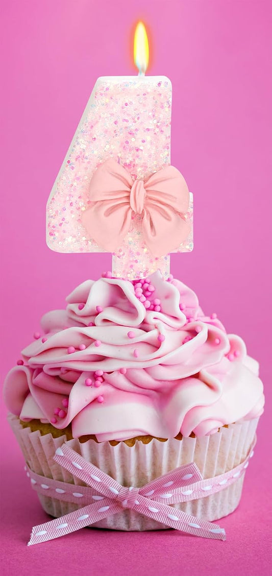 Birthday Candle for Cake, 4 Candle - Pink Glitter with Bowknot, 2.76 inch Happy Birthday Candle, Cake Topper Decoration for 4 Years Old Birthday Party (Number 4)