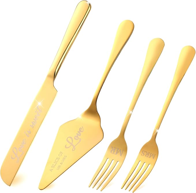 GURUDAR Wedding Cake Knife and Server Set with Forks for Bride and Groom, 4 Pieces Mr and Mrs Wedding Cake Cutting Set For Bridal Shower Gifts Couple Engagement Birthday Anniversary, Gold