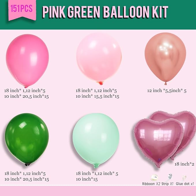 Spring Pink and Green Balloon Garland Arch Kit 151 Pcs with Heart Shape mylar Balloons for Spring Girl Baby Shower Fairy tale wonderlad wildflower baby in bloom theme Birthday Party Decorations