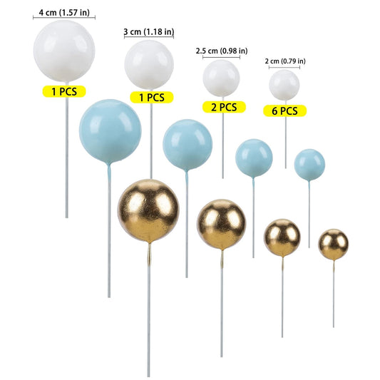 Gyufise 30Pcs Ball Cake Topper Ball Cake Picks Colorful Pearl Ball Shaped Cupcake Insert Cake Topper for Bear Theme Birthday Party Favors Wedding Decoration Supplies Blue White Gold
