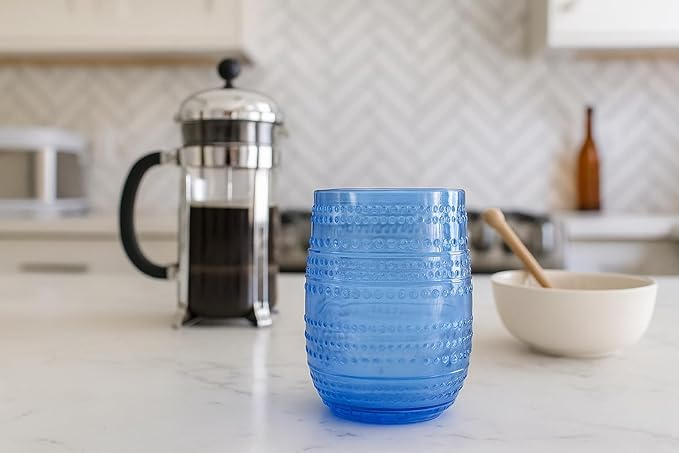 Beaded Stemless Wine/Tumbler Drinkware, Indoor/Outdoor,Cobalt Blue, 15 oz., Set of 6