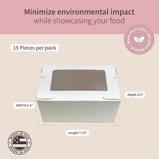 FC Meyer MeyerWindow #3 White Boxes With Window, Disposable Paperboard Take Out Cartons, Bakery Boxes, Lunch Box & Go To Food Storage Container, 7 3⁄4” x 5 1⁄2” x 2 1⁄2“, Small Pack of 15