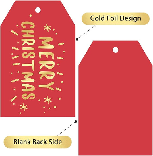Anwyll Christmas Gift Tags with String - 50Pcs Gold and Red Merry Christmas Tags for Gifts Xmas Gift Tag Happy Holidays Hang Paper Label Tag for Present Wrapping Treat Goodie Bag Holiday Party Favors