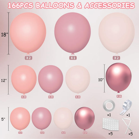 Dusty Pink Balloon Arch Kit, 166Pcs Pastel Nude Light Pink Metallic Balloons Garland for Wedding Bridal Baby Shower Princess Girl Women Birthday Party Decorations