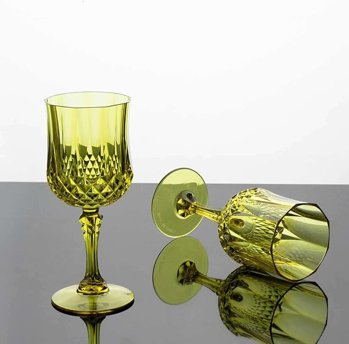 Efavormart 6 Pack Green Crystal Cut Reusable Plastic Wine Glasses, Shatterproof Cocktail Goblets 8oz