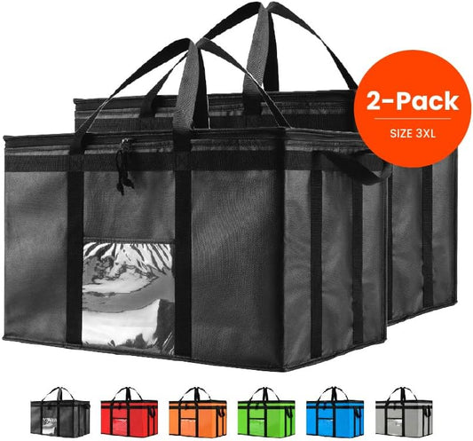 Insulated Cooler Bag and Food Warmer (3XL, 2 Pack) for Delivery & Grocery Shopping with Zippered Top, Black